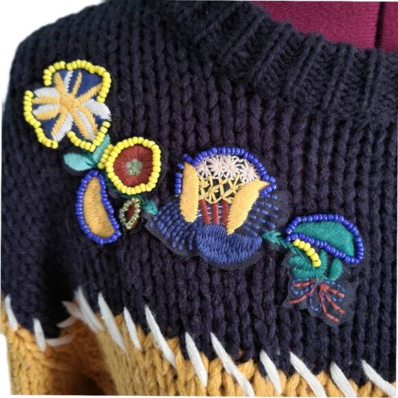 Zara Yellow & Navy Color Block Beaded Embroidered Oversized Chunky Sweater sz S - Picture 4 of 8